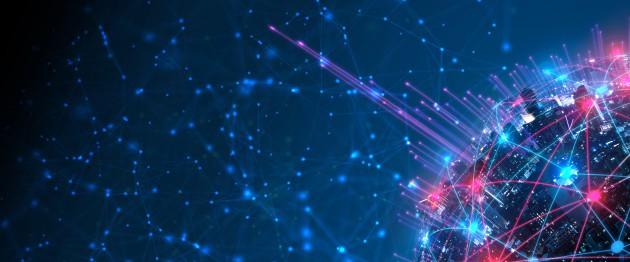 Abstract network globe with glowing blue and pink nodes connected by lines, symbolizing global connectivity.