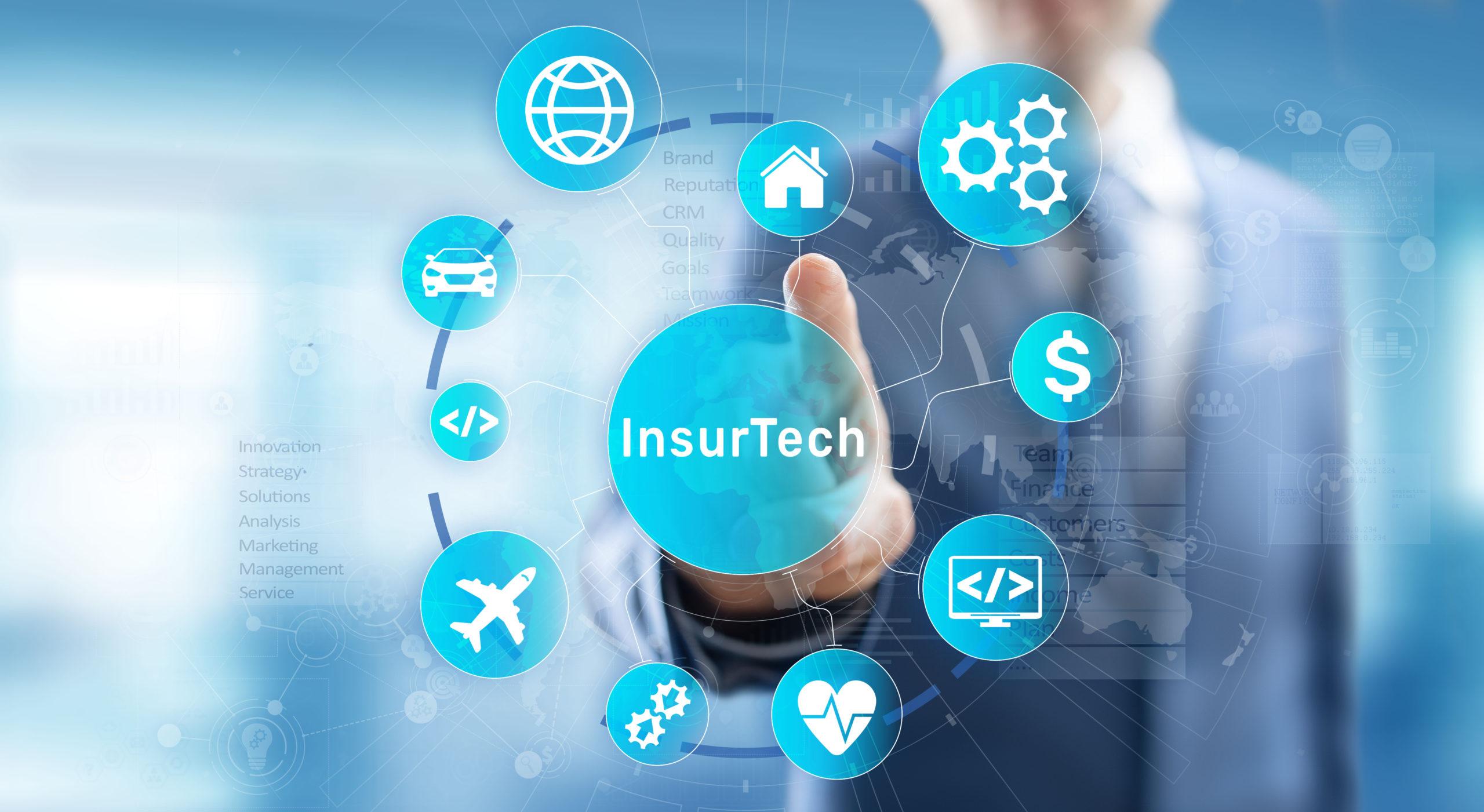 Oz Digital Consulting Insurtech button on virtual screen. Insurance technology internet digital iot insured family car property health.