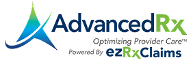 AdvancedRx logo with blue and green text and a swoosh icon, powered by ezRx Claims