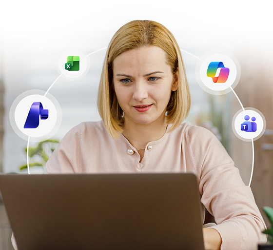 Woman using a laptop with a circular ring of productivity app icons (Excel, PowerPoint, Teams) surrounding her.
