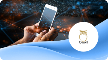 Hand holding a smartphone over a blue wave background with glowing network lines; Owwl logo on the right circle.