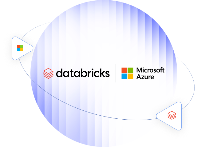 Graphic showing Databricks and Microsoft Azure logos, symbolizing a cloud data analytics partnership, with a blue gradient circular design and orbit lines.