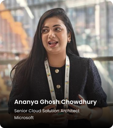 Ananya Ghosh Chowdhury, Senior Cloud Solution Architect at Microsoft, speaking at an event while wearing a lanyard.