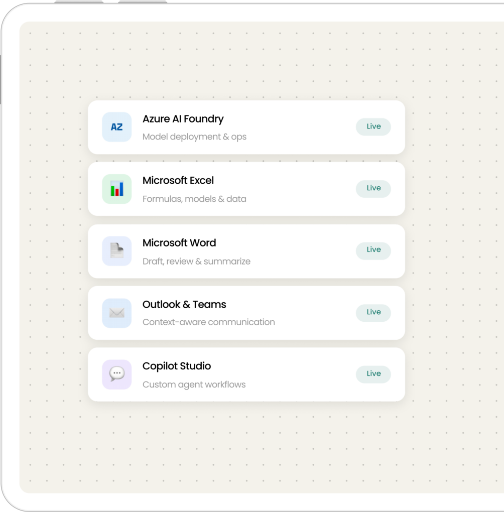 Vertical list of app cards on a pale dotted background; first card is Azure AI Foundry with a small blue icon and a 'Live' badge, followed by Microsoft Excel with its own 'Live' badge.