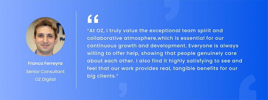 Testimonial card featuring Franco Ferreyra's photo and his quote about the OZ Digital team on a blue gradient background.