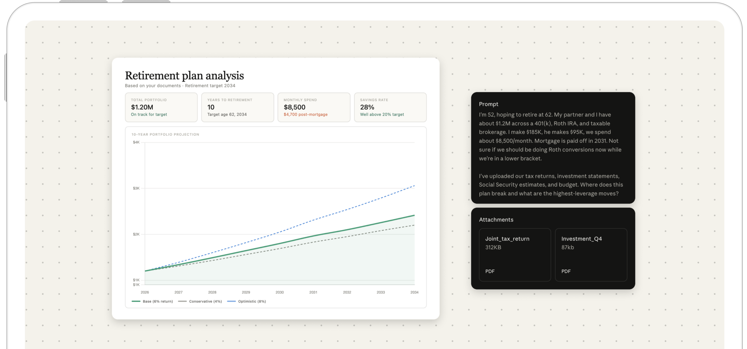 Retirement plan analysis dashboard with key metrics and a 10-year projection chart (base, conservative, optimistic).