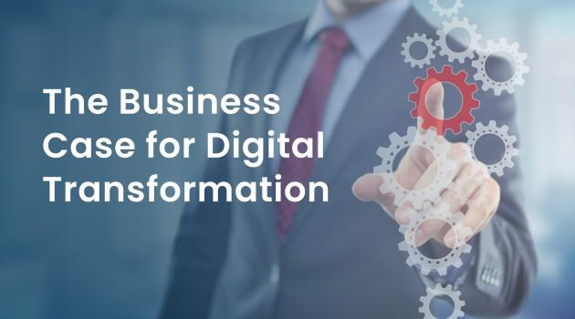 Business professional in a suit touches a red gear among white gears with the title 'The Business Case for Digital Transformation'.