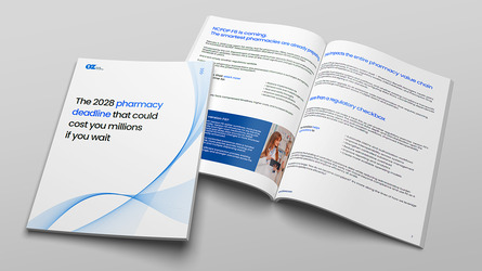 Front cover of a blue-and-white brochure titled 'The 2028 pharmacy decade that could cost you millions if you wait,' shown next to an open two-page spread with charts and text.
