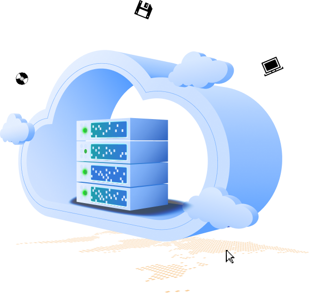 Blue cloud icon containing a stack of servers, symbolizing cloud data storage and hosting.