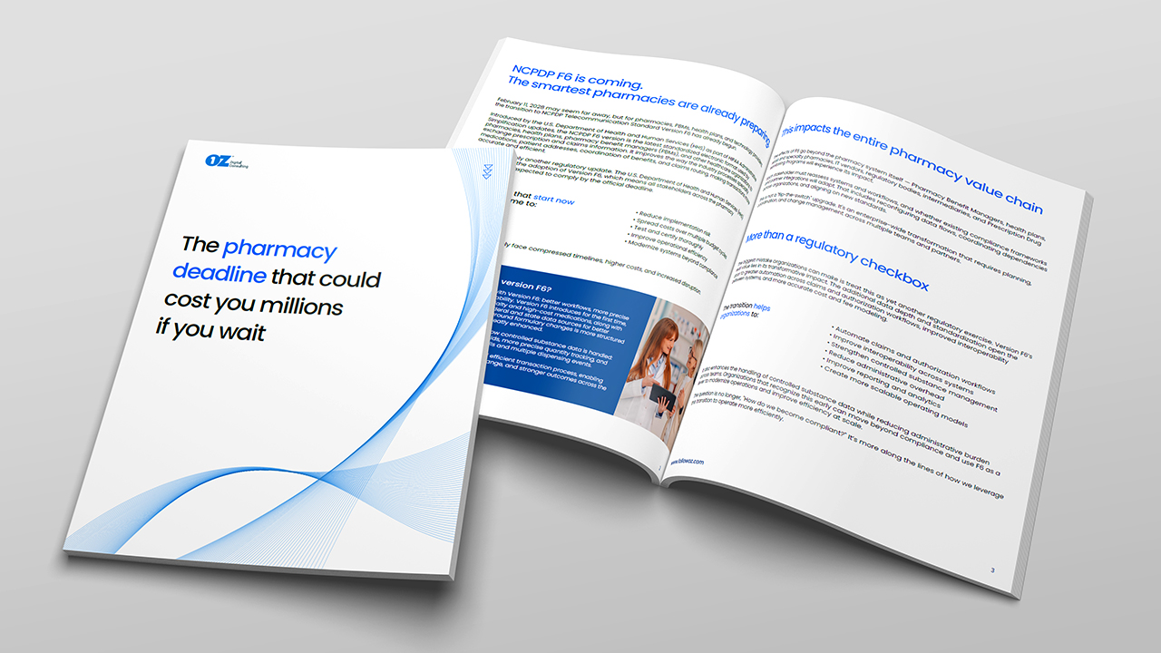 Open brochure with blue curved lines; cover reads: 'The pharmacy deadline that could cost you millions if you wait'.